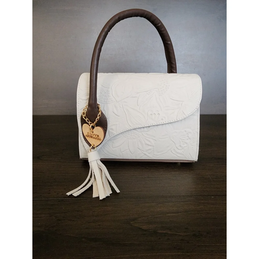 Off White Dark Brown Sunflower Embossed Tooled Artisan LEATHER Crossbody Purse